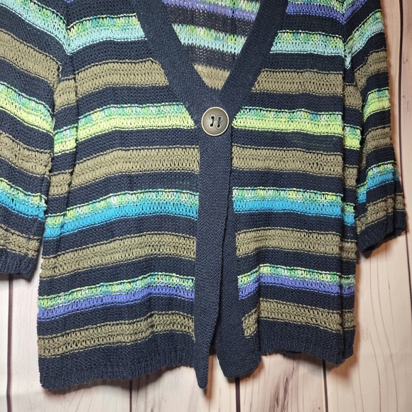 Monterey Bay Navy Green & Brown Striped Short Sleeve Cardigan Size Medium - Picture 4 of 8